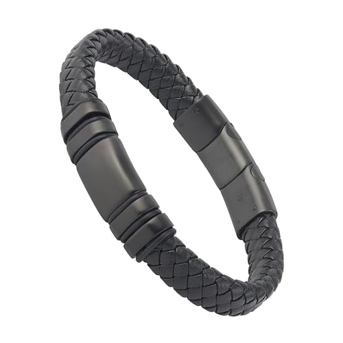 Forge & Foundry Men's Adjustable Black Leather Bracelet | Genuine Woven Leather with Snap Clasp | Design-Led, Artisan Jewelry from London [Navarro] - color: Black - Single Strand, size: Large