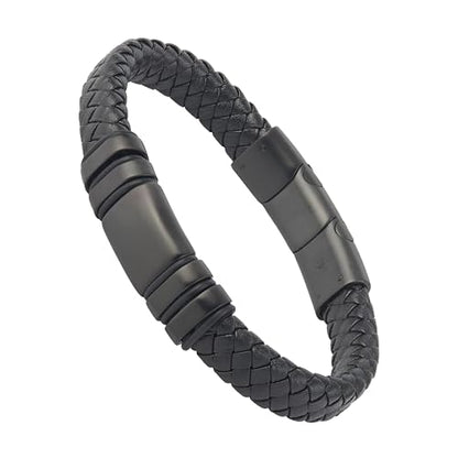 Forge & Foundry Men's Adjustable Black Leather Bracelet | Genuine Woven Leather with Snap Clasp | Design-Led, Artisan Jewelry from London [Navarro] - color: Black - Single Strand, size: Large