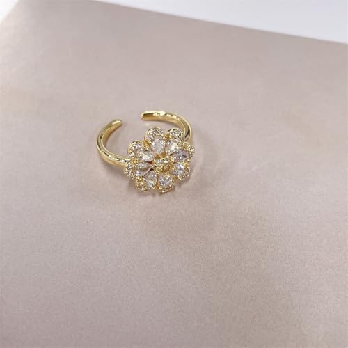 NewZenro Rhinestone Flower Adjustable Open Rings for Women Silver/Gold Plated Sparkling Crystal Floral Statement Finger Band Wrap Rings Comfort Fit Dainty Wedding Jewelry - color: Gold