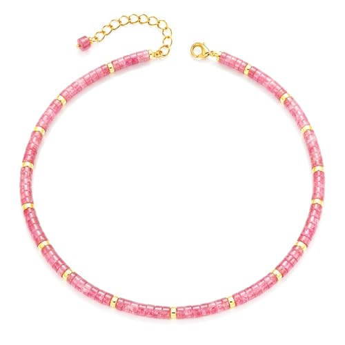 Natural Heishi Gemstone Choker Necklace for Women, Adjustable 15"+2" Beaded Layering Necklace, Coastal Beach Jewelry Gift for Her - color: Rose Quartz (Dark Color)