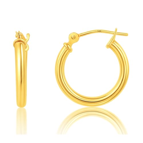 10k or 14k Gold Hoop Earrings for Women | Hypoallergenic Small to Large 12MM to 50MM Hoop Earrings with Secure Click Tops | Yellow or White Gold Classic Hoops in 2MM Thick Tube by MAX + STONE - color: 14K Yellow Gold, size: 16mm | 0.60 inch Diameter