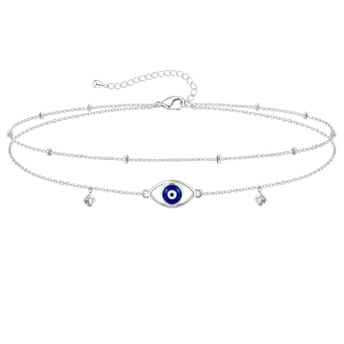 Gold/Sterling Silver Anklet Bracelets for Women Waterproof, Non Tarnish 925 Sterling Sliver Plated Heart Evileye Butterfly Charm, Dainty Summer Beach Anklets for Women, Beach Vacation Bikini Outfits for Her Mom - style: Evil eye-Silver