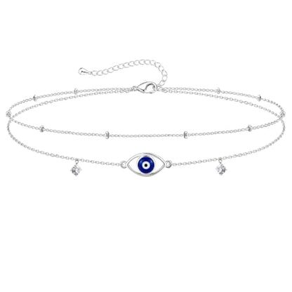 Gold/Sterling Silver Anklet Bracelets for Women Waterproof, Non Tarnish 925 Sterling Sliver Plated Heart Evileye Butterfly Charm, Dainty Summer Beach Anklets for Women, Beach Vacation Bikini Outfits for Her Mom - style: Evil eye-Silver