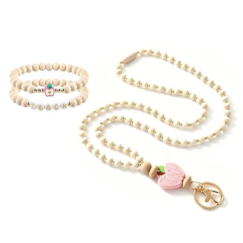 Teacher Appreciation Bracelet Gifts for Women, Stone Beaded Stretch Bracelets Set Thank You Teacher Gifts Retirement Teachers' Day Jewelry - color: Bracelet Wooden Lanyard Set