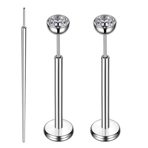 Gotumo 16G 18G 20G Flat Back Earrings Stud Titanium Threadless Nose Rings Tragus Labret Cartilage Lip Medusa Conch Body Piercing Jewelry Hypoallergenic for Women Men - color: Silver, size: 16G Bar Lengths 10mm & CZ 3mm