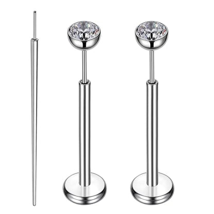 Gotumo 16G 18G 20G Flat Back Earrings Stud Titanium Threadless Nose Rings Tragus Labret Cartilage Lip Medusa Conch Body Piercing Jewelry Hypoallergenic for Women Men - color: Silver, size: 16G Bar Lengths 10mm & CZ 3mm
