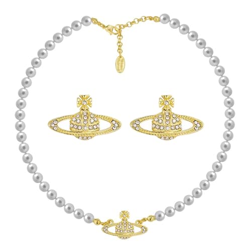 Dreuyet Saturn Pearl Necklace and Earrings Set Crystal Planet Earrings Dainty Artificial Pearl Choker Necklace Charm Gifts for Mum Wife Wedding Birthday Anniversary - color: Gold