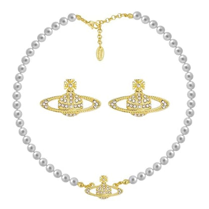 Dreuyet Saturn Pearl Necklace and Earrings Set Crystal Planet Earrings Dainty Artificial Pearl Choker Necklace Charm Gifts for Mum Wife Wedding Birthday Anniversary - color: Gold