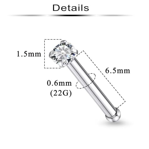 6Pcs Nose Rings Studs Surgical Steel L-Shape Nose Rings for Women 1.5mm Cubic Zirconia Nostril Screw Studs Hypoallergenic Nostril Piercings 24g 22g 20g - color: straight,silvertone, size: 22g,1.5mm CZ