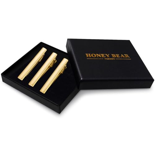 HONEY BEAR 2.12" Standard Tie Clip Bar 3-Piece Set for Men Wedding Business | Classic Minimalist, Steel-Plated Copper Base, Gift-Boxed, Thickened, Rounded Corners, Easy to Slide On, No Snag or Wrinkle - style: Shinny Gold with box