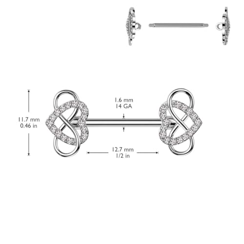 Pierced Owl 14GA 316L Stainless Steel CZ Crystal Infinity Heart Nipple Barbells, Sold as a Pair - style: Silver Tone