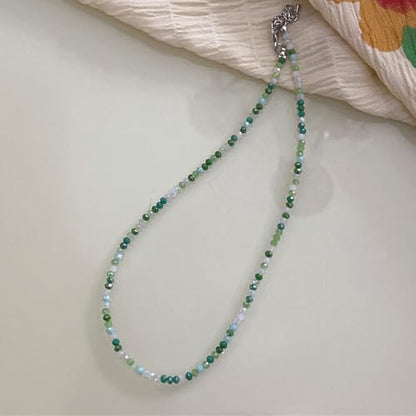 Dainty Colorful Crystal Beaded Chain Adjustable Lightweight Choker Necklace Handmade Bohemian Shiny 3mm Rice Stone Beads Necklace Boho Summer Beach Jewelry for Women - color: green