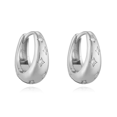 Danity CZ Star Teardrop Small Hoop Earrings for Women 14k Gold/Silver Plated Chunky Crystal Cubic Zirconia Oval Thick Huggie Hoops Hypoallergenic Fashion Trendy Jewelry - color: Silver
