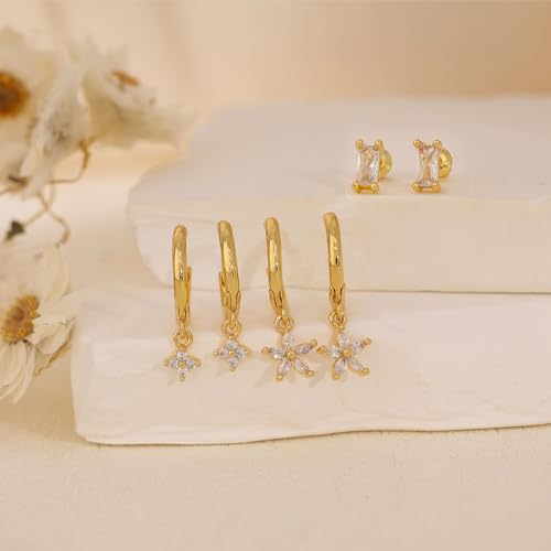 Gold Plated Earrings for Women, 14k Gold Plated Earring Stack Hypoallergenic Pearl Drop Earring Dainty Earrings for Women Trendy Cute Small Huggie Hoop Earring Fashion Womens Jewelry - color: flower set