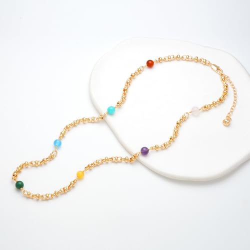 MTMY Beaded Necklaces for Women 14K Gold Plated Dainty Colorful Green/Rose Beaded Pearl Choker Necklace Delicate Boho Choker Necklace Jewelry Gift - style: 7 Color beads