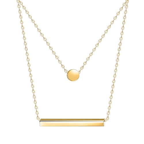 Dainty 18K Gold Plated Horizontal Bar Necklace for Women, Minimalist Tiny Stick Pendant Adjustable Layering Daily Jewelry Gift - color: Solid Bar & Dot