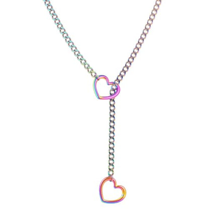 Slip Chain Choker for Women Handmade Black Stainless Steel Cuban Chain Chunky Moon Bat Raven Skull Pendant Gothic Punk Rock Collar Adjustable Lariat Y Necklace for Men - style: Rainbow Heart