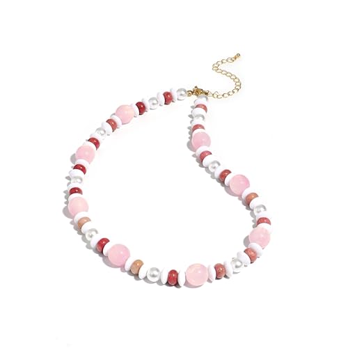 RISHEGAE Chunky Beaded Necklace for Women Boho Resin Beaded Choker Necklace Adjustable Surfer Beach Strand Necklaces Gold Handmade Acrylic Beads Jewelry Gift for Women - color: Style 3pink white