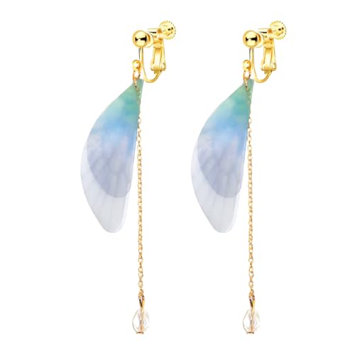 Clip on Crystal Butterfly Wing Drop Dangle Earrings for Women, Non Pierced, Multicolored Moth Butterfly Earrings, Pearl Tassel Jewelry Pink Blue Green - color: Blue