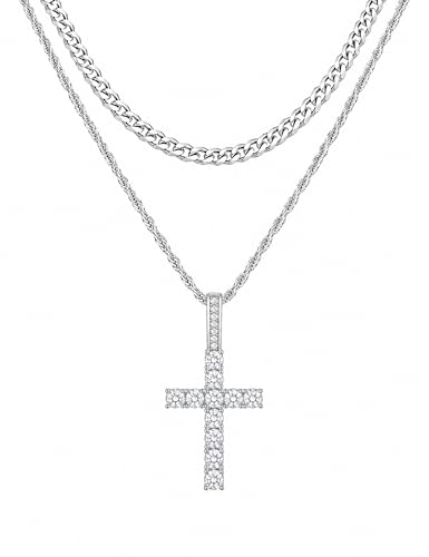 Fiusem Layered Cross Necklace for Men, Stainless Steel Cuban and Rope Chain | Silver Tone/14K Gold Plated Mens Necklace Chain with Cubic Zirconia Cross Pendant - color: Silver, size: 18/20 inches