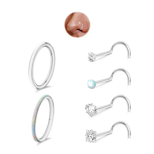 davka Nose Ring Set, 18G Hinged Hoop 8mm & 20G Nose Studs, Stainless Steel & Gold Plated, Hypoallergenic, Multiple Styles Nose Piercing Jewelry - color: Silver/White Opal/18g 8mm hoops/Corkscrew studs