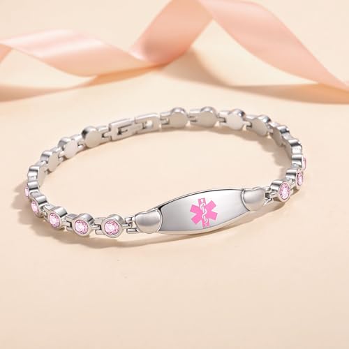 LinnaLove Fashion Shiny medical alert bracelet with Free Engraving Stainless steel Medical id bracelet for Women - color: Crystal heart-Pink