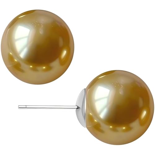 Gold & Brown Faux Pearl Stud Earrings, S925 Silver Posts Hypoallergenic for Women - color: Gold, size: 10mm