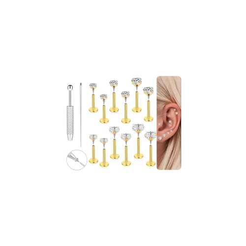 18G 16G Hypoallergenic Surgical Stainless Steel Internal Thread Tragus Labret Cartilage CZ Stud Piercing Jewelry Helix Cartilage Conch Nose Lip Labret Medusa Piercingenic Be Equipped With Piercing Ball Grabber Tool Flat Back Stud Earrings for Women Men -