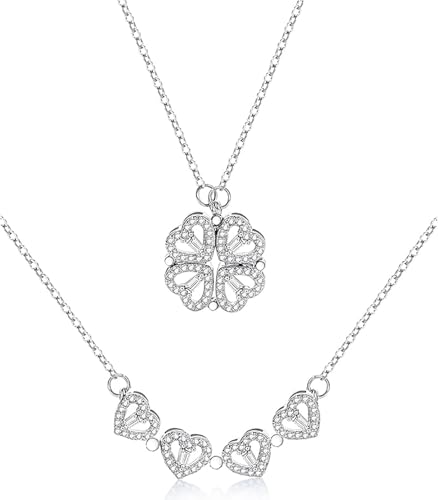 Four Leaf Clover Necklace Foldable for Women,925 Sterling SIlver Bling zircon stone Four Heart Grass Women's Necklaces Crocker ,Retro Magnetic Folding Love Heart Pendant One Style,Two Wearing Methods - color: Silver