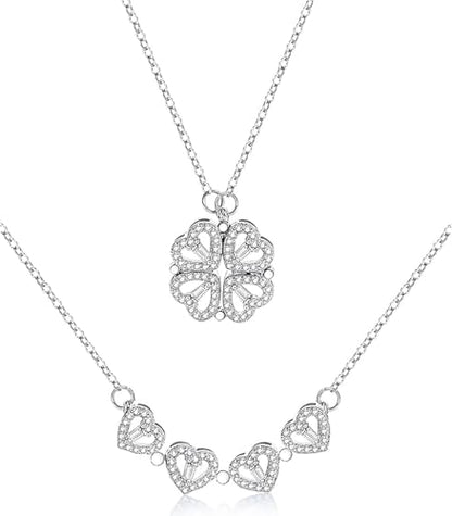Four Leaf Clover Necklace Foldable for Women,925 Sterling SIlver Bling zircon stone Four Heart Grass Women's Necklaces Crocker ,Retro Magnetic Folding Love Heart Pendant One Style,Two Wearing Methods - color: Silver