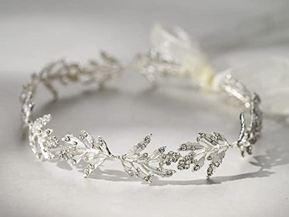 SWEETV Leaf Wedding Headpieces for Bride Silver Bridal Headband Flower Girl Headpiece Handmade Wedding Hair Accessories - color: Silver