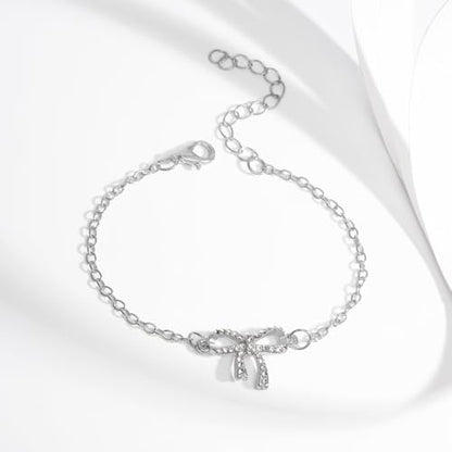 Gold Bow Necklace Bracelet Earrings Set for Women Bowknot Choker Necklace Ribbon Stud Earrings Silver Bow Bracelet Christmas Holiday Jewelry - color: Silver-1