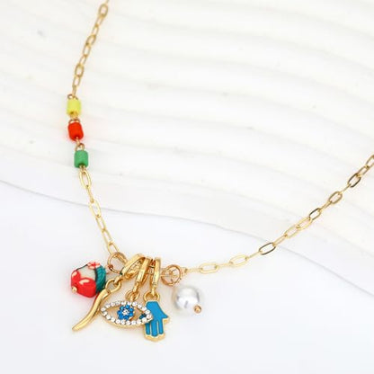 Charm Necklace for Women Gold Evil Eye Sun Moon Flower Coin Pendant Necklace Dainty Paperclip Chain Vintage Luck Amulet Choker Necklaces Celestial Jewelry Gift - style: 5 Charms-Tiny Eye