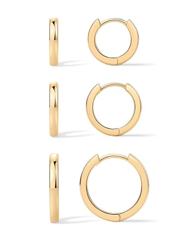 PAVOI Gold Hoop Earrings for Women - 14K Gold Plated 925 Sterling Silver Posts 3 Pairs Hoop Earrings Set for Women - Hypoallergenic Huggie Earring Pack - style: Plain