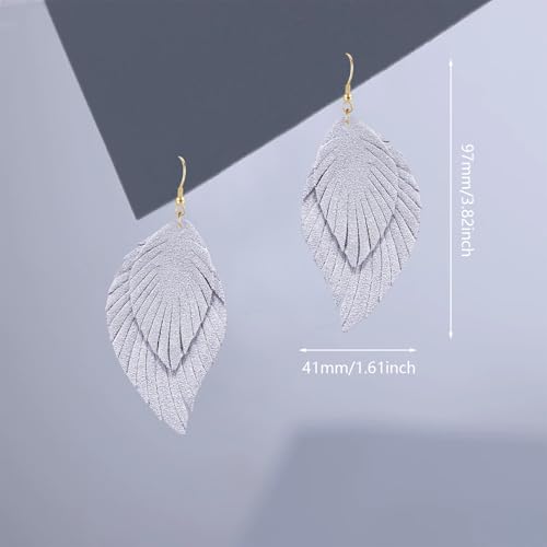 Genuine Leather Handmade Fringe Feather Lightweight Dangle Drop Earrings Teardrop Tassel Hook Earrings for Women - style: 4 Grey