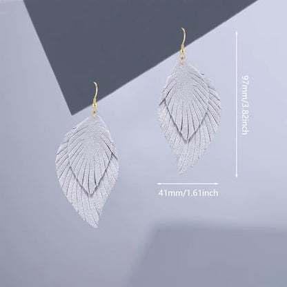 Genuine Leather Handmade Fringe Feather Lightweight Dangle Drop Earrings Teardrop Tassel Hook Earrings for Women - style: 4 Grey