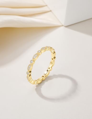 EAMTI 925 Sterling Silver Wedding Band for Women Cubic Zirconia Marquise & Round Milgrain Full Eternity Stackable Ring Size 3-13 - color: Brass-Gold