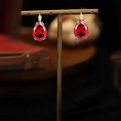 14K Gold Teardrop Crystal Leverback Earrings Sparkly Rhinestone Water Droplet Dangle Drop Earrings For Women - color: Red