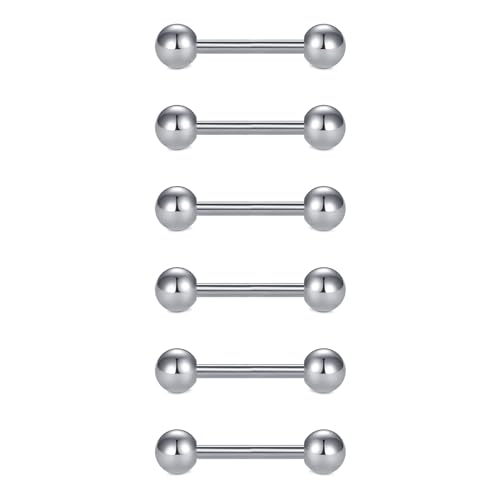 VCMART 12mm-18mm 14G Tongue Rings Nipple Straight Barbells Surgical Steel Body Piercing Jewelry - style: Style D -6pcs, silver