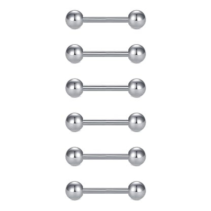 VCMART 12mm-18mm 14G Tongue Rings Nipple Straight Barbells Surgical Steel Body Piercing Jewelry - style: Style D -6pcs, silver