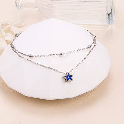 DAOCHONG Double Foot Chain Layer Ankle Bracelets for Women S925 Sterling Silver 3 Blue Stars Beads Chain Double Layer Anklet Beach Jewelry Anklet 9+1.5 inches - style: 01_One Star