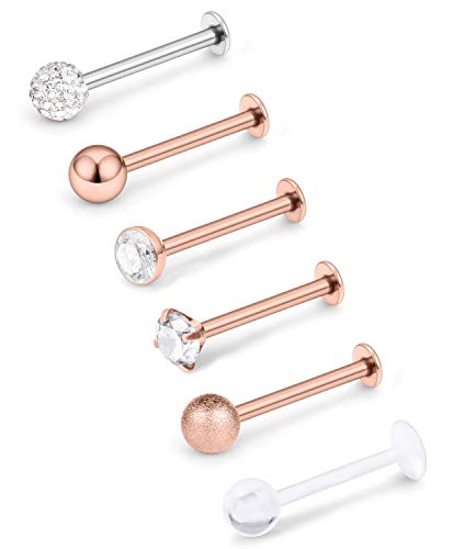 16G Stainless Steel Labret Studs Monroe Lip Rings Retainer Cartilage Tragus Nail Conch Helix Earring Barbell Piercing Jewelry with Clear Diamond CZ for Women Men - color: 5/16"(8mm) rosegold