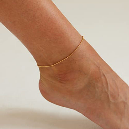 Dainty Ankle Bracelets for Women 18K Gold Plated Waterproof | Satellite Beaded Herringbone Lip Chain Anklets Simple Minimalist Summer Beach Foot Jewelry, Gift Box Included - color: Ball Chain-Gold