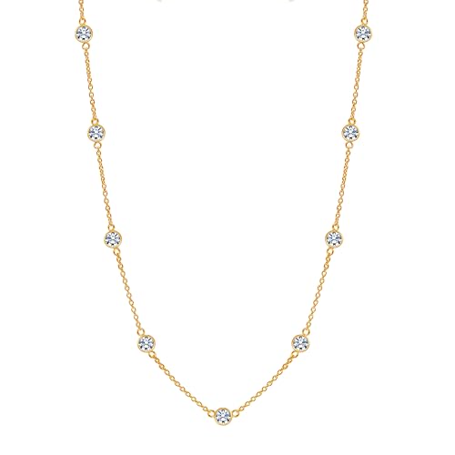 LeCalla 925 Sterling Silver CZ Station Necklace for Women | Italian Round Cubic Zirconia Station Chain Necklace (16, 18, 20, 24 Inches) - color: 14kt Gold Plated Silver, size: Length 24 Inches (Women's Opera Length)