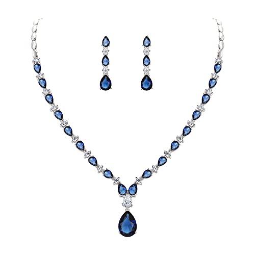 EVER FAITH Pear Shaped Cubic Zirconia Bridal Wedding Jewelry Set for Women | Gorgeous Water Drop Bride Necklace Dangle Earrings, for Bride Bridesmaid - color: Blue