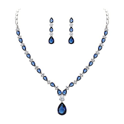 EVER FAITH Pear Shaped Cubic Zirconia Bridal Wedding Jewelry Set for Women | Gorgeous Water Drop Bride Necklace Dangle Earrings, for Bride Bridesmaid - color: Blue