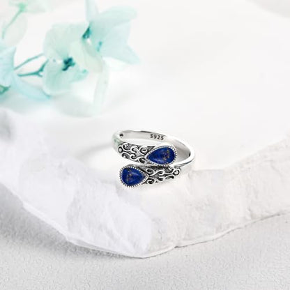 Ring for Women Sterling Silver Adjustable Band Open Rings Jewelry Gifts for Girls - style: Lapis lazuli