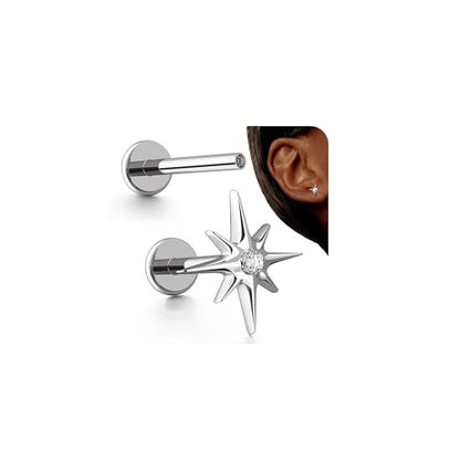 G23 Titanium 16G Tragus Conch Piercing Jewelry Flat Back Stud Earrings | Hypoallergenic CZ Nose Dangle Helix Medusa Lip Labret Body Piercing Jewelry, 14K Gold Plated, Silver, 6 and 8 mm Post Length - color: Starlight-Titanium