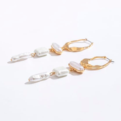 Statement Pearl Dangle Earrings,Gold and Large Pearl,Luxury Chandelier Organic Style Earrings - color: B gold and white