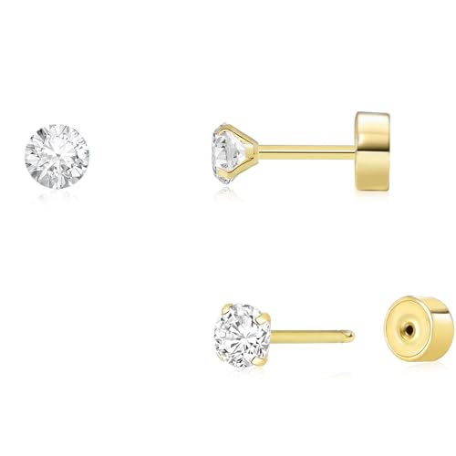 Threadless Flat Back Earrings, Hypoallergenic 14K Real Gold Plated CZ Stud Earrings | Cartilage Earring | Tragus Helix Piercing Jewelry | Push in Flatback Earrings for Women Men - color: 14K Gold, size: 2 Millimeters